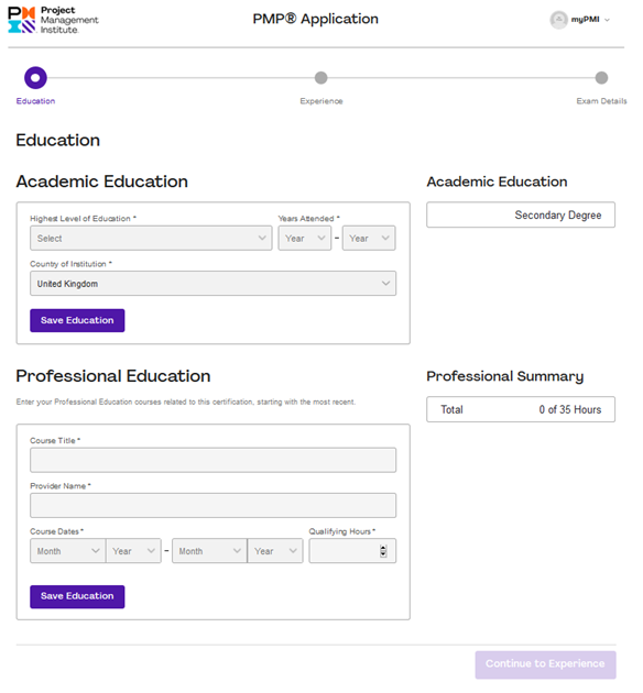 PMP Application Form Education Page