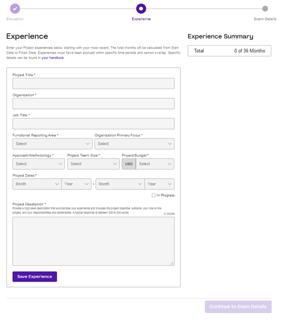 PMP Application Form Experience Page