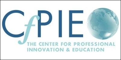 The Centre for Professional Innovation and education's logo. A blue globe present in the end.
