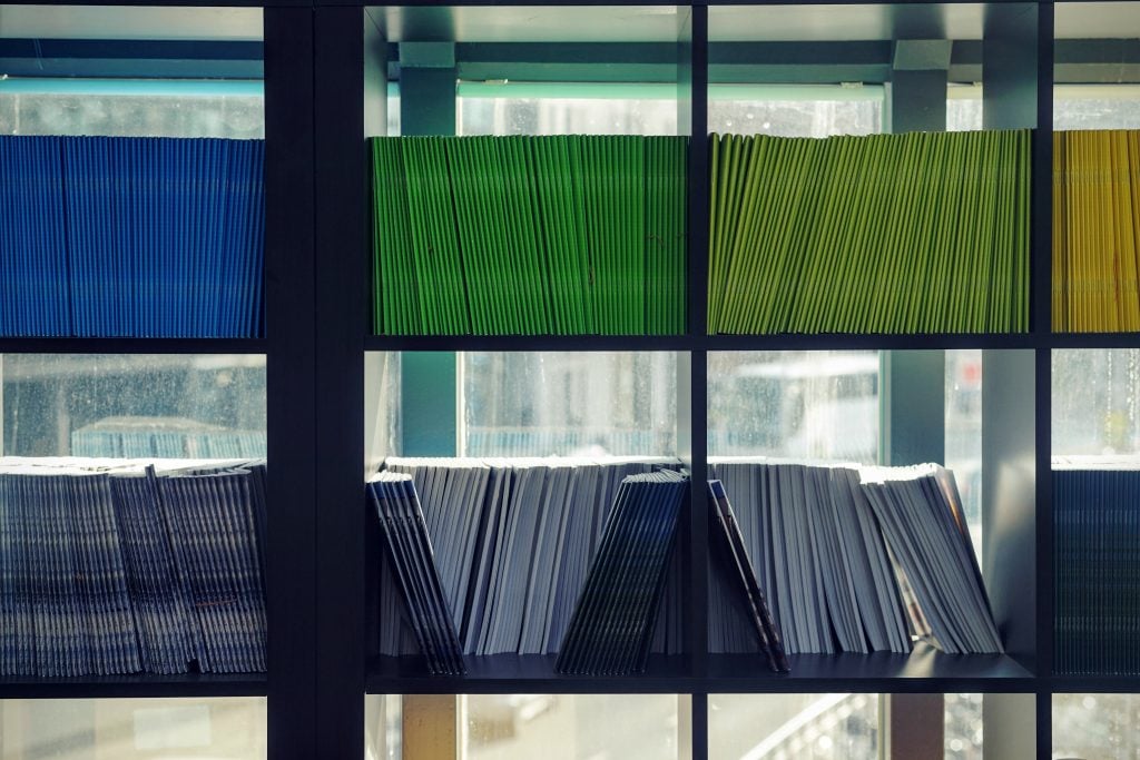 documents lined on shelves